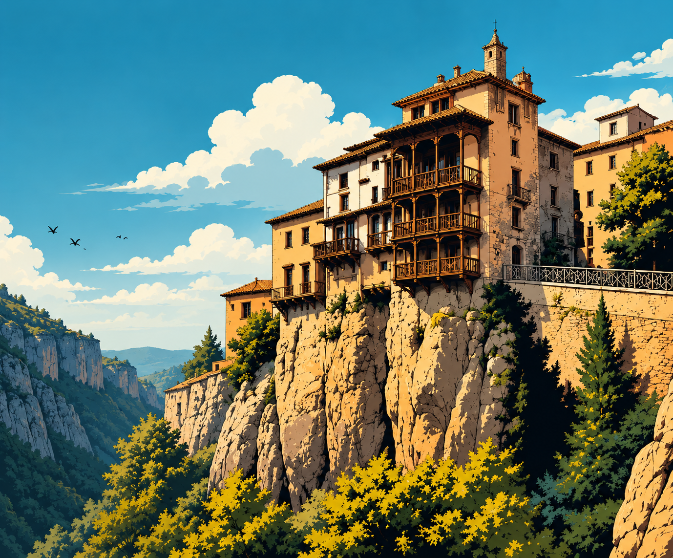 Ilustración estilo cómic de las Casas Colgadas de Cuenca